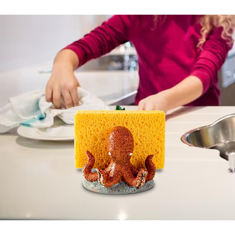 Cute Octopus Sponge Holder - Red, Resin, Practical Sink Kitchen