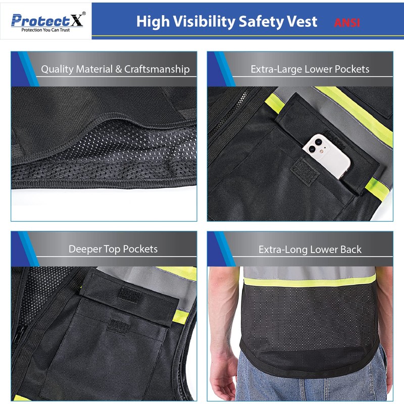 ProtectX Hi-Visibility Solid Front Mesh Back Safety Vest with 6
