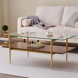LumFurn Rectangle Glass Coffee Table for Living Room and Bedroom, 2-Tier Mid-Century Modern Table with Clear Tempered Glass Top and Walnut Finish Wood Shelf, Sleek Conical Metal Legs with Gold Finish