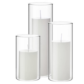 Shihanee Set of 3 White Pillar Candles and 3 Glass Cylinder Candle Holders for Slim Candles Wedding Valentine's Day Centerpieces(White, 2.6'' X 4.7'', 5.9'', 7.9'')