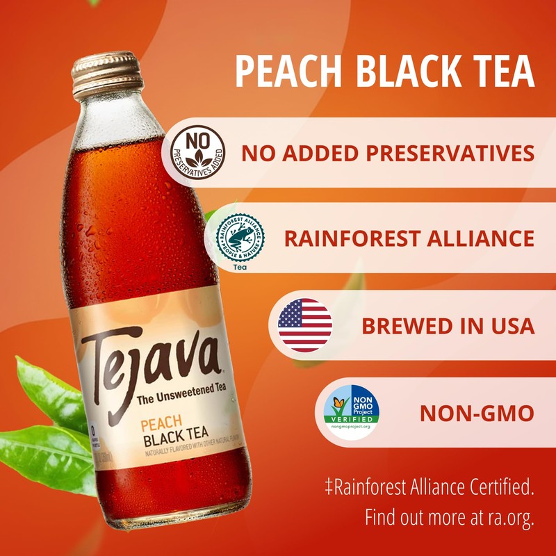 Tejava Peach Black Iced Tea, 24 Pack, 12oz Glass Bottles,