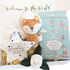 New Baby Gift Set Box Unisex 6 Piece The Sleepy Fox, Baby Milestone Photo Cards Hat Mitts Socks Star Plaque Baby Shower Gifting