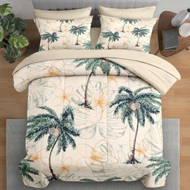 Pamnest Comforter Set Queen Size, Tropical Botanical Palm Summer 7 Pcs Bedding for Kids and Adults, Hawaiian Coconut Tree Bed Sheet Sets with Fitted Sheet 2 Pillowcase & 2 Sham for Bedroom Bed Decor