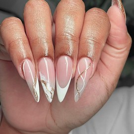 White French Tip Press on Nails Long Almond Fake Nails Stiletto Acrylic Fake Nails Press ons with Design Gold Glitter Swirl Wave Glossy Full Cover Glue on Nails Stick on Nails for Women Manicure 24Pcs