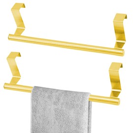 Cabinet Door Towel Bar, Dish Towel Rack for Cabinet, Stainless Steel Kitchen Towel Holder, Over The Door Hand Towel Hanger for Kitchen Bathroom Cupboard, 2 Pack (2*Small Gold)