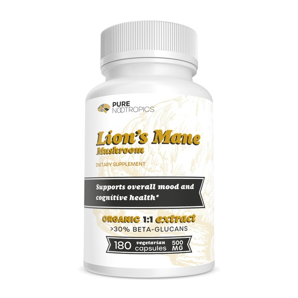 Pure Nootropics - Lion's Mane Mushroom 500 mg Capsules | 180 Veggie Caps | Superior Organic Sourcing | Brain Health | in House & Rigorous 3rd Party Testing for Higher Purity & Potency