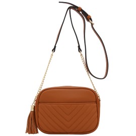 FashionPuzzle Chevron Quilted Crossbody Camera Bag with Chain Strap and Tassel (Tan)
