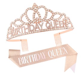Birthday Crown Rose Gold Tiara for Women Birthday Queen Sash and Tiara Rhinestone Headband Set Glitter Birthday Hair Accessories for Women and Girls