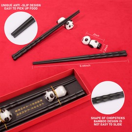 Chinese Chopsticks Set, 2 Pairs Bamboo Shape Chopsticks with 2 Panda Stick Holder, Reusable Non-Slip Chopsticks, Dishwasher Safe Chopsticks, Gift for Panda Lovers (Black)