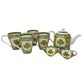 Royal Tara Traditional Irish Shamrock Tea Set of New Bone China Teapot & 4 Cups & 2 Teabag Holders Packed in Irish Weave Box