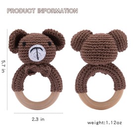 Youuys Wooden Baby Rattle Toys, Easter Rattle for Baby Crochet Bear Rattle Toy Natural Wood, Shaker Rattle for Hand Grips, Boy Girl First Rattle Gift, Newborn Gifts (Bear)