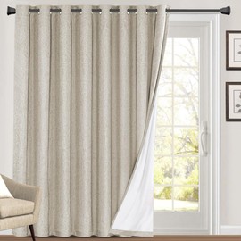 PrinceDeco 100% Blackout Linen Look Patio Door Curtain 84 Inches Long Extra Wide Thermal Insulated Grommet Curtain Drapes for Living Room/Sliding Glass Door,W100 x L84 inch, Cobblestone