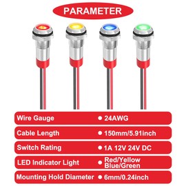 MKBKLLJY 8Pcs 6mm DC 12-24V Red/Yellow/Blue/Green LED Metal Indicator Light Waterproof Signal Lamp with 150mm Cable Length Metal LED Indicator Light and Wiring Cap for Car Interior Trucks Boats