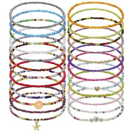 Wnddle Pack of 24 Anklets for Women, Women's Anklets, Colourful Beads Anklet, Boho Anklet, Boho Jewellery, Bohemian Anklets for Women, Girls, Beach Jewellery, Glass
