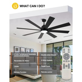 Dawn Whisper Modern Ceiling Fans with Lights and Remote 72 Inch 6 Speeds Rversible Quiet DC Motor 8 Blades Black LED Ceiling Fans for Living Room Bedroom (Black+Brown)