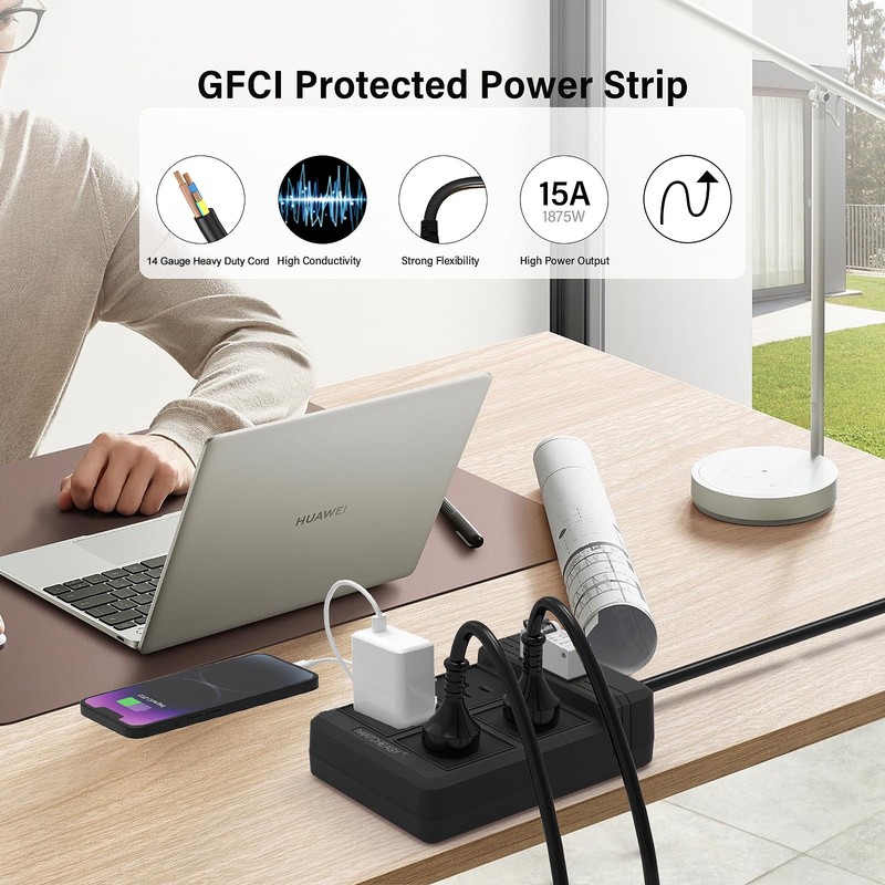 MATCHEASY GFCI Power Strip with 4 Outlets, 30mA RCBO Circuit