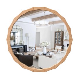 24Inches Round Decorative Wall Mirror, Nature Farmhouse Circle Bathroom Mirror, Rustic Bamboo Frame Vanity Mirror Hanging for Bedroom Living Room Entryway Washing Room