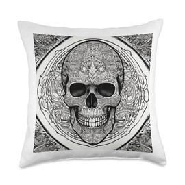 Black and White - Skull and Roses Throw Pillow