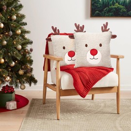 ApisNest Christmas Cushion Cover Square Throw Pillow Case 18x18 inch Christmas Reindeer Pillowcases 3D Embroidery Deer Xmas Decorations for Sofa Couch 2Pack (Khaki)