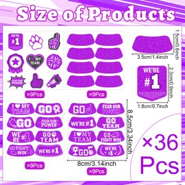 Gameza Purple Face Glitter Eye Black Stickers, 36PCS Football Baseball Breathable Eye Stickers, Soccer Face Sticker Party Favors for Lacrosse Fans, Spirit Day Accessories (Glitter, Purple)