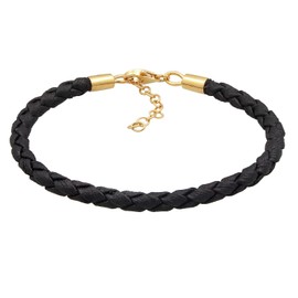 0202571022_16 Women's Beads Bracelet Made of Faux Leather in Black Leather Bracelet (3 mm) with Lobster Clasp in Gold-Plated 925 Sterling Silver Length 16-19 cm, Leather