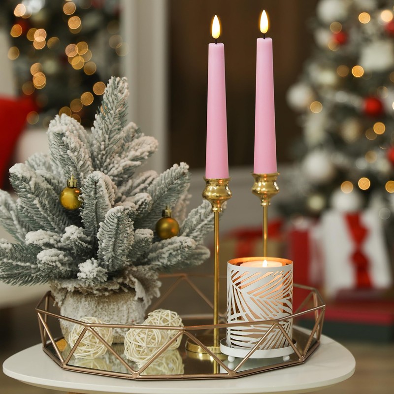 Eywamage Short Pink Flameless Taper Candles with Remote, Flickering Battery