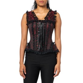 Top Drawer Red/Black Swirl Brocade & Lace Steel Boned Corset w/Cap Sleeves (6X)
