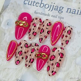 Hot Pink Leopard Handmade Nail Tips - Oval S / 핫핑크 레오파드 수제네일팁 - 오벌S