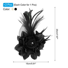 PATIKIL Floral Hair Clip, 2 Pcs Elegant Flower Feather Brooch Pin Hat Silk Wedding Party Dance Banquet Pins Accessories Camellia Charm Lady Dress Suit, Black & White with Black Feathers