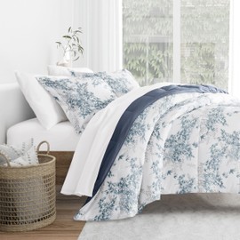 Merit Linens Comforter Set Patterned Microfiber All Season Down-Alternative Ultra Soft Bedding in Bamboo Leaves Blue - Full/Queen Bamboo Leaves Blue Stone