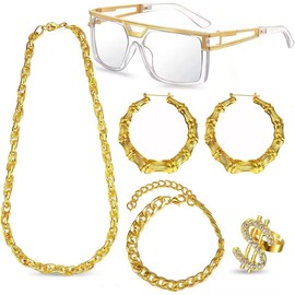 TAIBEYOR 6 Pack 80s 90s Hip Hip Costume Outfit Kit Bucket Hat Fake Gold Chain Sunglasses Dollar Sign Finger Ring Earring Hoop (GOld Set2)
