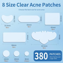 Large Pimple Patches for Face, Hydrocolloid Acne Patches, Variety Shapes Zit Covers, Stickers with Tea Tree, Salicylic Acid & Cica Oil| Round,Moon,Strip,Square,Rectangle,Nose Strip |8 Sizes |380 Count