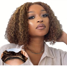 Ombre Curly Bob Wig Human Hair Glueless Wigs Human Hair Pre Plucked Pre Cut Short Highlights Closure Bob Wig Water Wave Middle Part Balayage Lace Frontal Human Hair Wigs for Black Women 4/27 10Inch