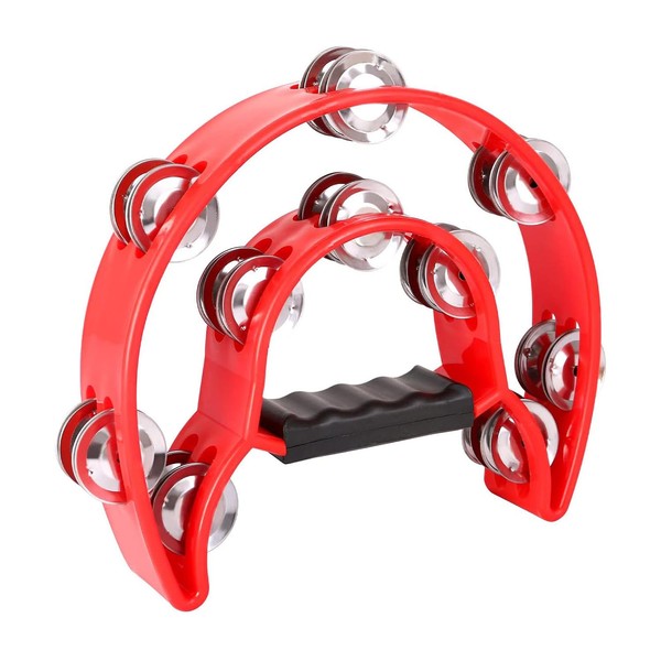 1Pcs Red Double Row Tambourine,Metal Jingles Hand Held Percussion-Half Moon