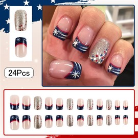 4th of July Nails - Fourth of July Nails Mediuim Square Press On Nails Blue French Tip Fake Nails with Gold Glitter Design, Acrylic Artificial False Nails Press Ons Stick On Nails for Women