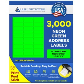 3,000 Label Outfitters 2-5/8" x 1" Printable Address Size Neon Fluorescent Green Laser Labels for Laser and Inkjet Printers - 100 Sheets