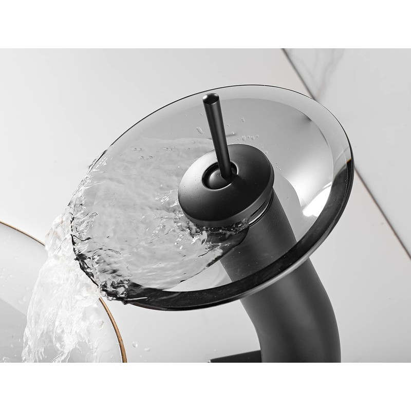 Waterfall Black Bathroom Vessel Faucet Glass Spout 360° Swivel Single