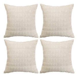 sykting Soft Corduroy Cream Summer Fall Throw Pillow Covers 18x18 inch Set of 4 Textured Plush Striped Cushion Covers for Couch, Bed, Sofa, Living Room