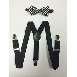 Toddler Baby Boys Girls Child Checker Bow Tie Vintage Black Suspender Y Clips
