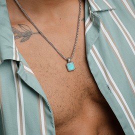 RTZN® Turquoise Necklace for Men – Premium Mens Small Square Pendant with Stainless Steel Box Chain 22" Inch + 2" Extension - Mens Turquoise Necklace