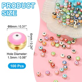 PATIKIL 8mm Evil Eye Beads, 100 Pcs Flat Round Turkish Evil Eye Charm with Golden Edge Spacer Beads Eyeball Bead for Bracelet DIY Necklace Earrings Making, Rose Red