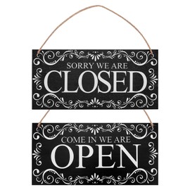 SUPERDANT Natural Wood Open and Closed Store Business Sign "Come in We're Open & Sorry We're Closed" Plaque Two Sided Reversible Store Hanging Sign for Shop Coffee Bar Door Window 12x6in