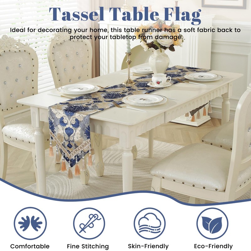 Embroider Table Runner, Luxury Jacquard Fabric Dining Table Runner with