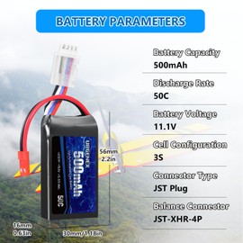 URGENEX 11.1V 500mAh Lipo Battery 3S 50C High Discharge Rate RC Battery Pack with JST Plug Rechargeable Lipos for RC Airplane Racing Drone Helicopter Quadcopter Micro FPV RC Car Truck Boat (2 Packs)