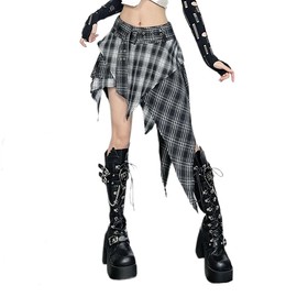 Women’s Asymmetrical Goth Plaid Skirt Punk Y2K Irregular Checkered Mini Skirt with Belt Decor Layered Skirts Black