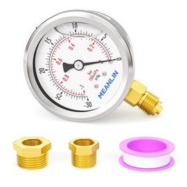 MEANLIN MEASURE -30~0Psi/-1~0Bar Glycerin Filled Vacuum Pressure Gauge, Stainless Steel 1/4" BSP 2.5" FACE DIAL Lower Mount, with 1/4" x 1/2" BSP and 1/4" x 3/8" BSP Hex Bushing