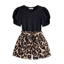 Arshiner Toddler Girls 2 Piece Outfits Summer Clothing Set Knit Short Sleeve Top and High Waist Paper Bag Short with Pockets