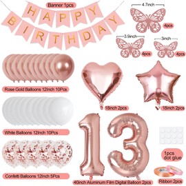 13th Birthday Decorations for Girls, Rose Gold 40 Inch Number 13 Foil Birthday Balloons with Happy Birthday Banner and Butterfly Stickers