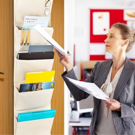 Niboken Over the Door Hanging Organiser Wall Mount Organiser Magazines Wall Holder with Fabric Foldable Storage Compartments for File Office Home School (5 Pockets/White)