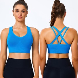 BLUELILY Sports Bra for Women Medium Support Criss Cross Strappy Bras Seamless Padded High Impact Yoga Athletic Exercise Bras